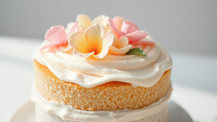 Wall Mural - Close Up of a Delicious Cake with White Icing and Pink and Yellow Flowers