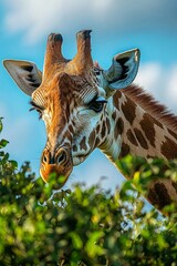 Wall Mural - A giraffe feeding in the African savannah, with the background compressed and softened.