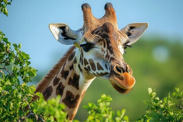 Wall Mural - A giraffe feeding in the African savannah, with the background compressed and softened.