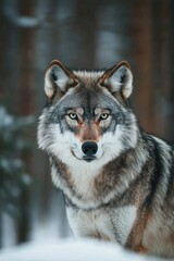 Naklejka na meble A lone wolf in the distance, staring directly at the camera, its piercing eyes sharply focused.