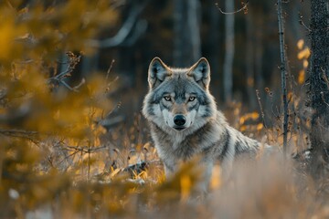 Wall Mural - A lone wolf in the distance, staring directly at the camera, its piercing eyes sharply focused.