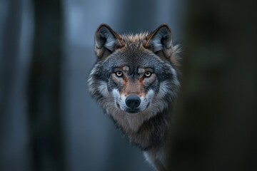 Wall Mural - A lone wolf in the distance, staring directly at the camera, its piercing eyes sharply focused.