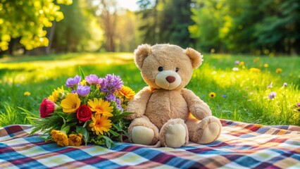 Adorable plush teddy bear sitting on a colorful blanket surrounded by fresh flowers and greenery, celebrating friendship and love on a special day.