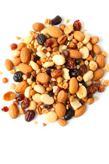 A colorful assortment of nuts and dried fruits scattered on a white background. The mix includes almonds, walnuts, and various dried berries, creating a vibrant and healthy snack option.