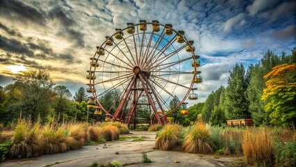 a dramatic, isolated, and worn-down ferris wheel stands still, surrounded by overgrown weeds and rus