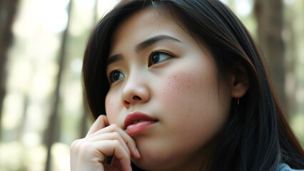 Wall Mural - Close-up portrait of a young woman with freckles