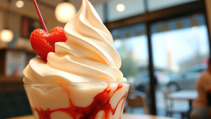 Canvas Print - Close-up of a soft serve ice cream sundae with a strawberry on top