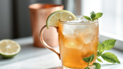 Canvas Print - Refreshing Iced Tea with Lime and Mint in a Copper Mug