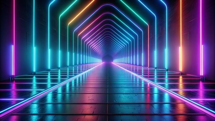 Neon glowing lines creating a path to the future in this abstract render