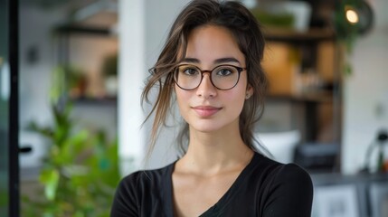 Wall Mural - Young Woman Wearing Glasses and Black Shirt Looking at the Camera