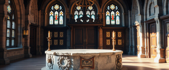 Canvas Print - Stone Fountain In An Old Cathedral