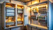 © Four888 - A modern electrical cabinet in a home, with neatly organized wires and circuit breakers, illuminated by a soft glow from the interior lighting.