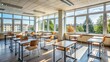 © Four888 - An Empty Classroom With Desks And Chairs Spaced Apart Due To Social Distancing Guidelines, With A Large Window In The Background Providing Natural Light