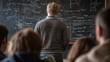 © Curioso.Photography - Student standing in front of a blackboard filled with complex equations, in a classroom, symbolizing education and intellectual engagement.