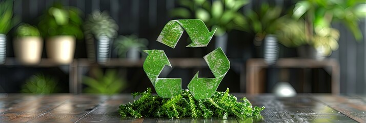 A distinctive recycle logo covered in green foliage is displayed on a smooth surface in a modern office setting with potted plants in the background creating a fresh ambiance.