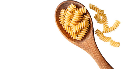 Wooden spoon with uncooked tortiglioni pasta on white background