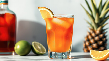 Canvas Print - Orange and pineapple cocktail in a tall glass with ice