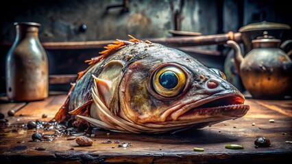 A rotten fish head with slimy skin and bulging eyes lies on a rusty metal table, emitting a putrid stench in a dimly lit kitchen setting.