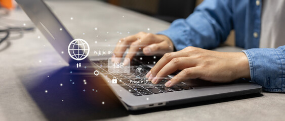 close up man hand type on laptop to browse website by use internet peering with virtual interface of