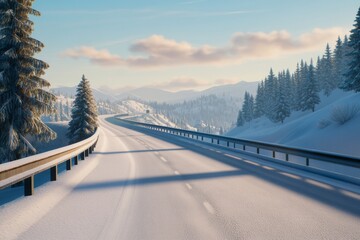 Wall Mural - A snowy highway in the mountains, with trees on both sides of it