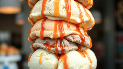 Close-up of a Stack of Ice Cream with Caramel Drizzle