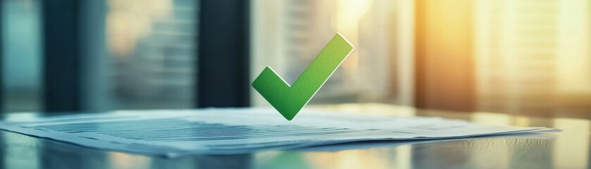 A green checkmark on a paper document symbolizes approval and success in a professional office environment.