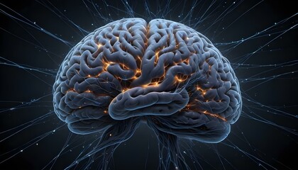 A image of a 3d rendered illustration of a electronic metal human brain with neon growing lightning