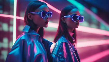 Two models wearing sleek, futuristic outfits and oversized, neon-glowing sunglasses