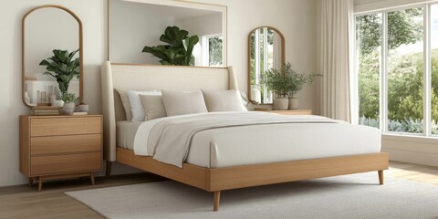 Wall Mural - Elegant Minimalistic Bedroom with Natural Wood Bed and Beige Accents