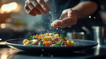 A chef sprinkling salt over a beautifully plated dish in a gourmet kitchen.