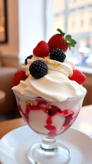 Poster - Closeup of a Delicious Dessert with Whipped Cream and Berries