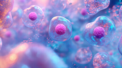 Wall Mural - A close-up of cells dividing and growing under a microscope in a scientific setting.