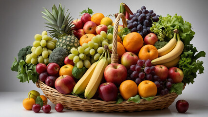 A vibrant selection of fresh fruits and vegetables arranged on a wooden surface with a natural background.