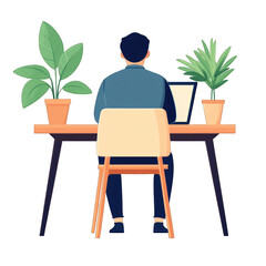 Man working at a desk with two plants, facing away from the viewer. Home office setup with a laptop in a minimalist style. transparent background