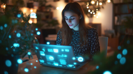 Wall Mural - A young woman working on a laptop surrounded by glowing digital particles at night.