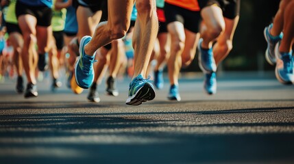 runners at sunrise or sunset with rising or setting sun road race or marathon run contest