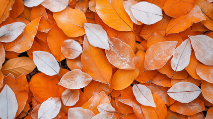 Wall Mural - A close-up of vibrant orange autumn leaves covered partially by the first snow.