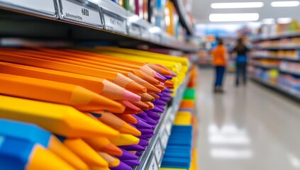 A store shelf with colorful school supplies, such as crayons and pencils