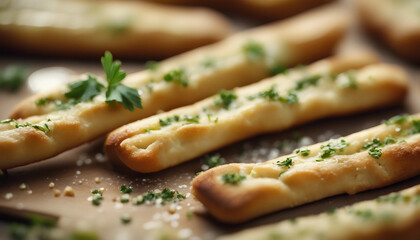 Wall Mural - A close-up of warm, buttery garlic breadsticks, each one glistening with a brush of garlic butter