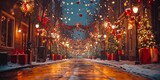 Festively decorated street with Christmas lights, garlands, and red bows on a snowy evening. Perfect for holiday urban scenes and festive atmosphere.