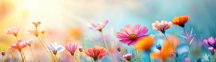 Canvas Print - Colorful Cosmos Flowers in a Field.