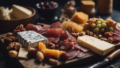 Wall Mural - A meticulously arranged charcuterie board featuring a variety of artisanal cheeses, cured meats