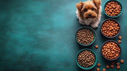 Wall Mural - Pet accessories, toys, and a dry feed bowl arranged on a green table flat lay. Top view for pet shop banner design.