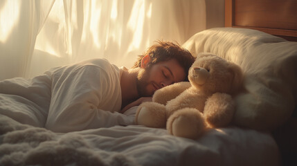 A person peacefully sleeping in bed with a teddy bear, bathed in soft morning light.