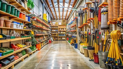 A well-organized aisle in a large hardware store displays a variety of gardening tools, equipment, and supplies for DIY home improvement projects.