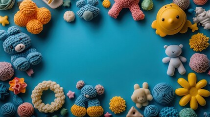 Kids toys framed on a pastel blue flat lay with copy space.