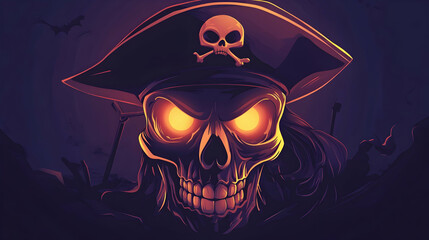 Wall Mural - Halloween pirate skull with glowing eyes, eerie illustration, flat design illustration