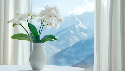 Wall Mural - A white pot with an orchid flower stands on the table in front of a large window