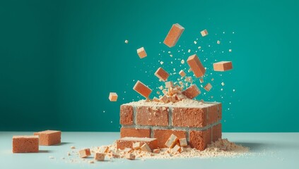 3d rendering of broken bricks falling into a pile of brown sugar cubes