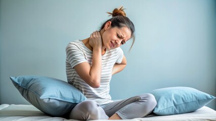 A Young Woman Sits On A Pillow With Her Head Tilted Back, Grimacing In Pain, Suffering From A Stiff And Painful Neck.